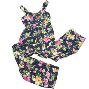 Old Navy Floral Fit & Flare Cami Jumpsuit Womens Sz S Blue Pink Green Linen Blen